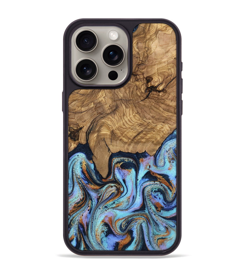 iPhone 15 Pro Max Wood Phone Case - Gloria (Teal & Gold, 805231)