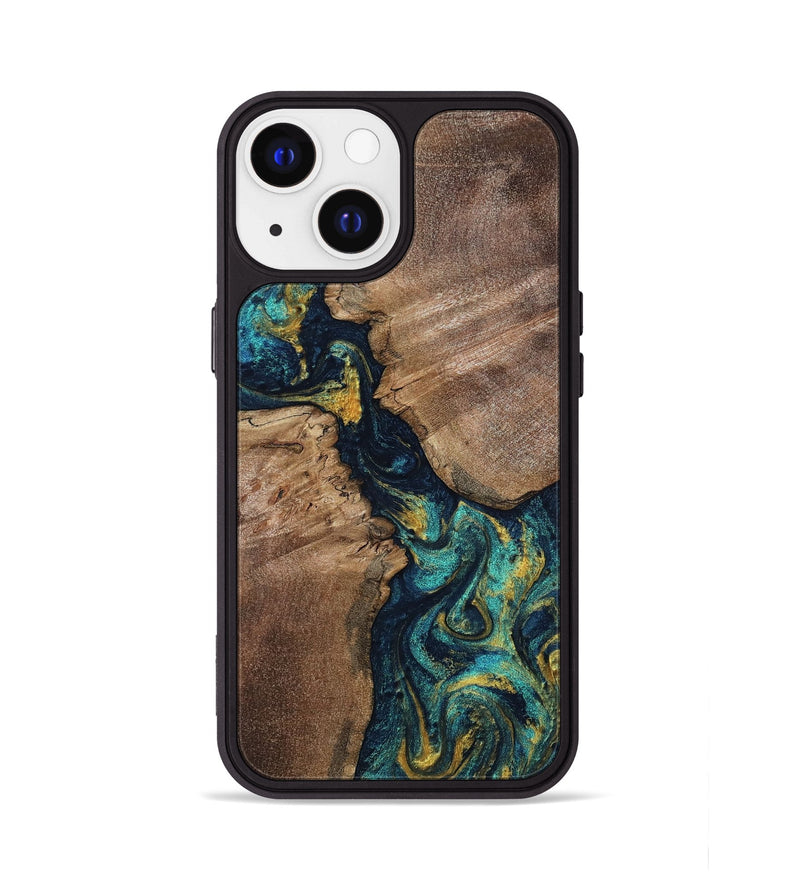 iPhone 13 Wood Phone Case - Mable (Teal & Gold, 805234)