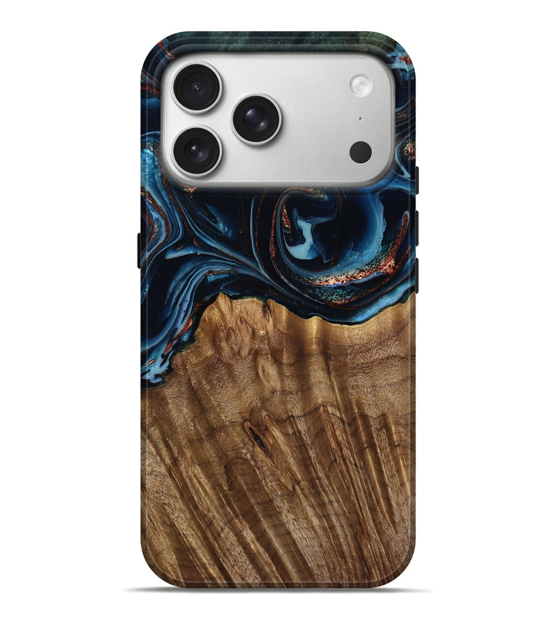 iPhone 17 Pro Max Wood Live Edge Phone Case - Camron (Teal & Gold, 805386)