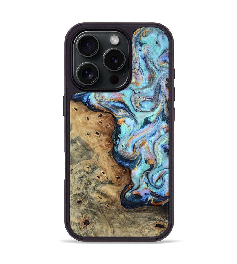 iPhone 16 Pro Wood Phone Case - Arsenio (Teal & Gold, 805464)