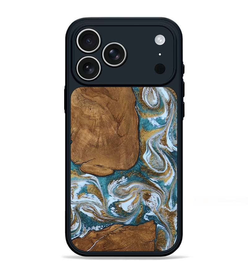 iPhone 17 Pro Max Wood Phone Case - Milena (Teal & Gold, 805541)