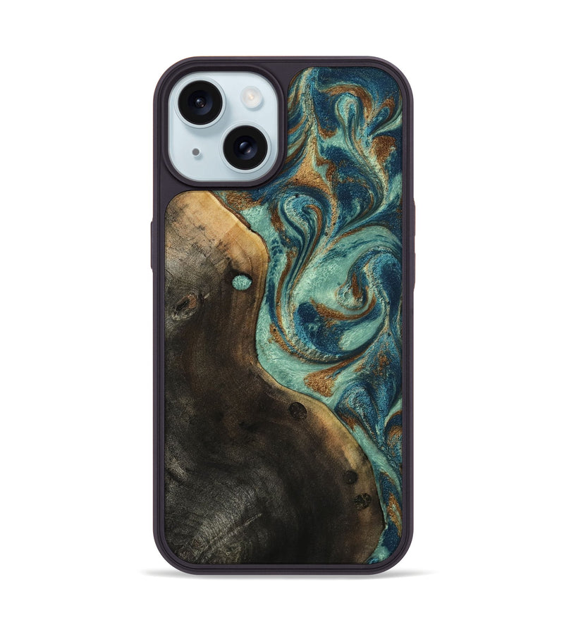 iPhone 15 Wood Phone Case - Tamela (Teal & Gold, 805543)