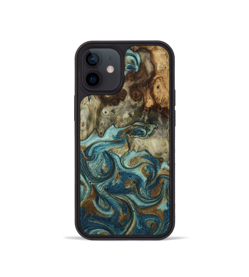 iPhone 12 mini Wood Phone Case - Titus (Teal & Gold, 805816)