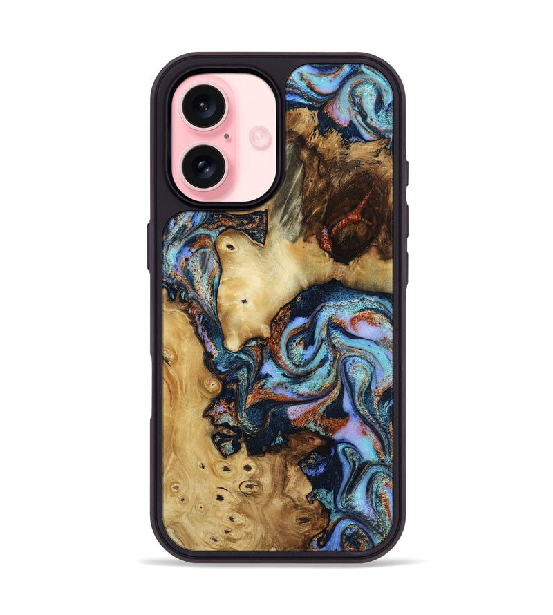 iPhone 16 Wood Phone Case - Jordy (Teal & Gold, 805819)