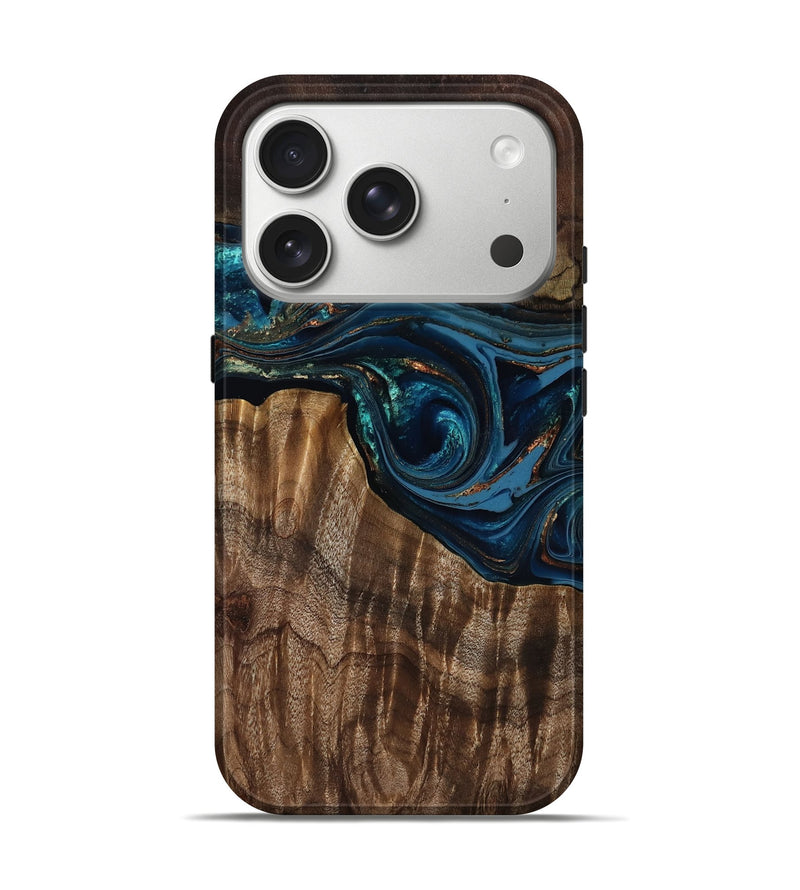 iPhone 17 Pro Wood Live Edge Phone Case - Carrol (Teal & Gold, 805881)