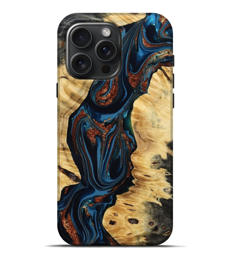iPhone 16 Pro Max Wood Live Edge Phone Case - Valerie (Teal & Gold, 805894)
