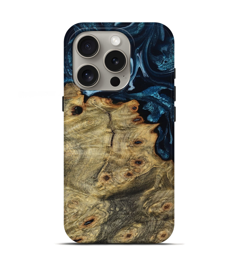 iPhone 16 Pro Wood Live Edge Phone Case - Burl (Blue, 805910)