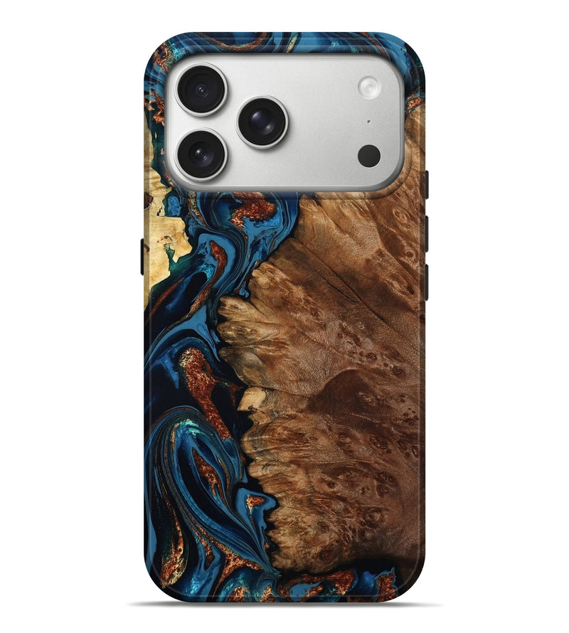 iPhone 17 Pro Max Wood Live Edge Phone Case - Khloe (Teal & Gold, 805913)