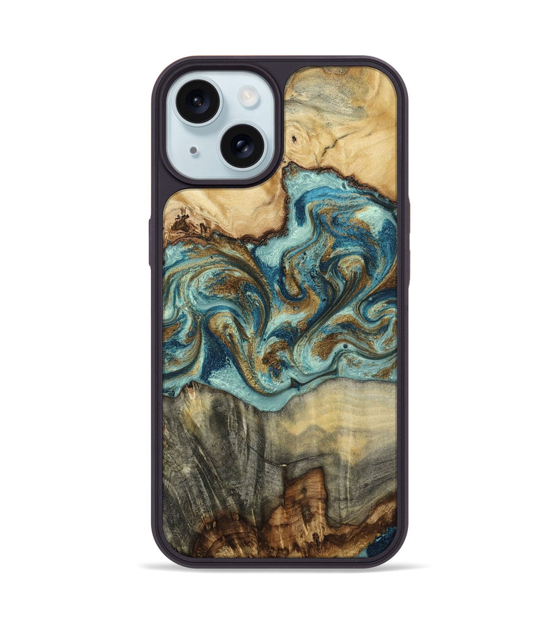 iPhone 15 Wood Phone Case - Moesha (Teal & Gold, 805931)