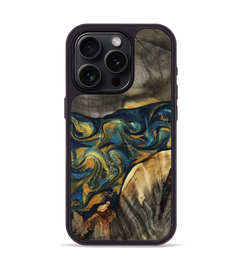 iPhone 15 Pro Wood Phone Case - Lafe (Teal & Gold, 805934)