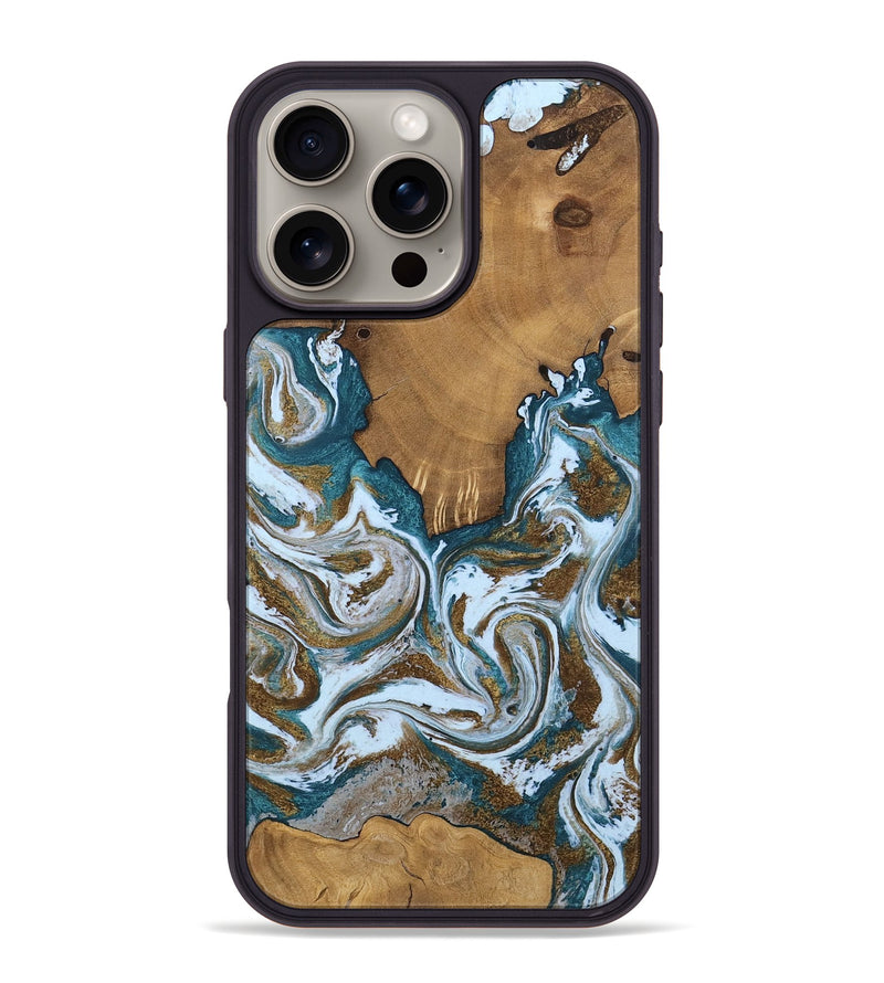 iPhone 16 Pro Max Wood Phone Case - Yasmeen (Teal & Gold, 805970)