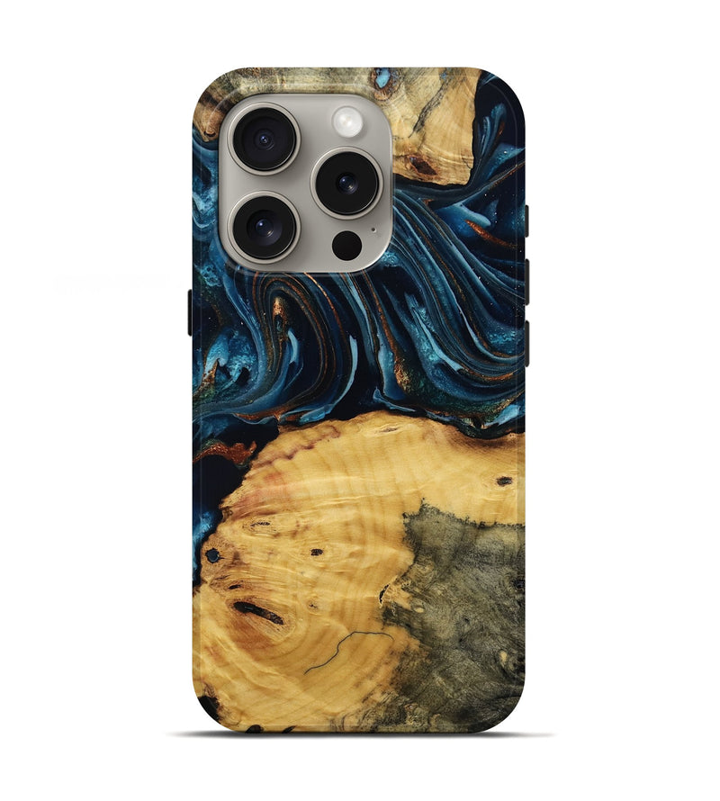 iPhone 16 Pro Wood Live Edge Phone Case - Mammie (Teal & Gold, 806055)