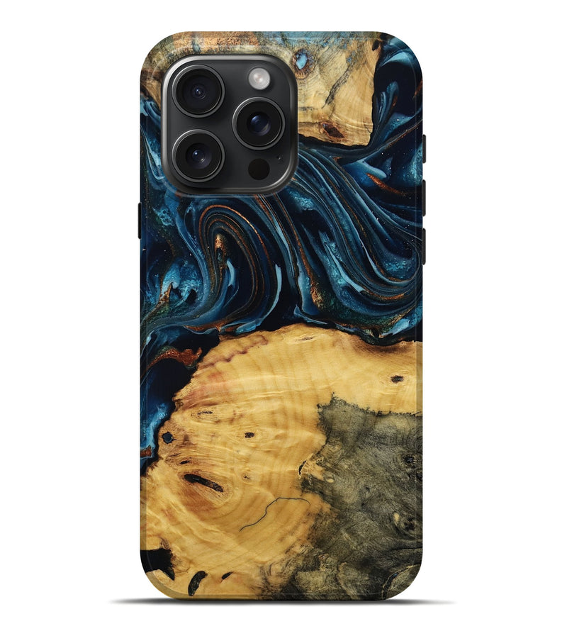 iPhone 16 Pro Max Wood Live Edge Phone Case - Mammie (Teal & Gold, 806055)