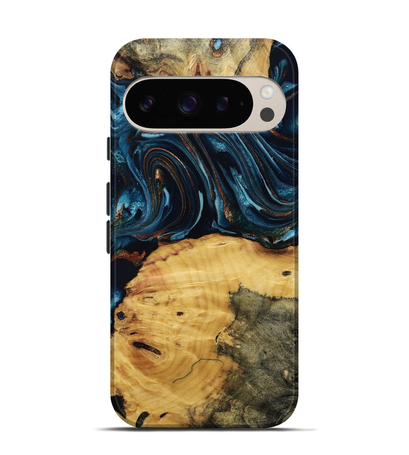 Pixel 9 Pro Wood Live Edge Phone Case - Mammie (Teal & Gold, 806055)