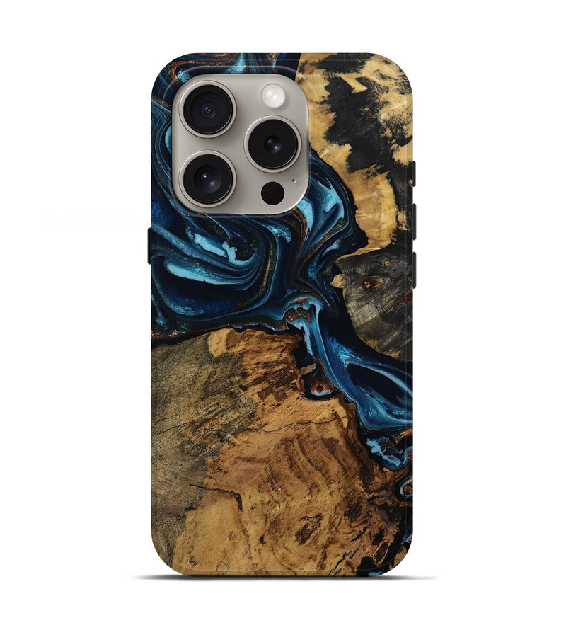 iPhone 16 Pro Wood Live Edge Phone Case - Greta (Teal & Gold, 806058)