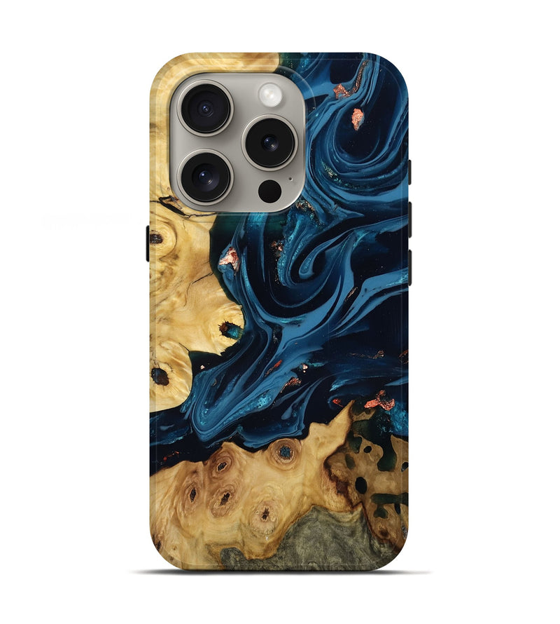 iPhone 16 Pro Wood Live Edge Phone Case - Krystal (Teal & Gold, 806066)