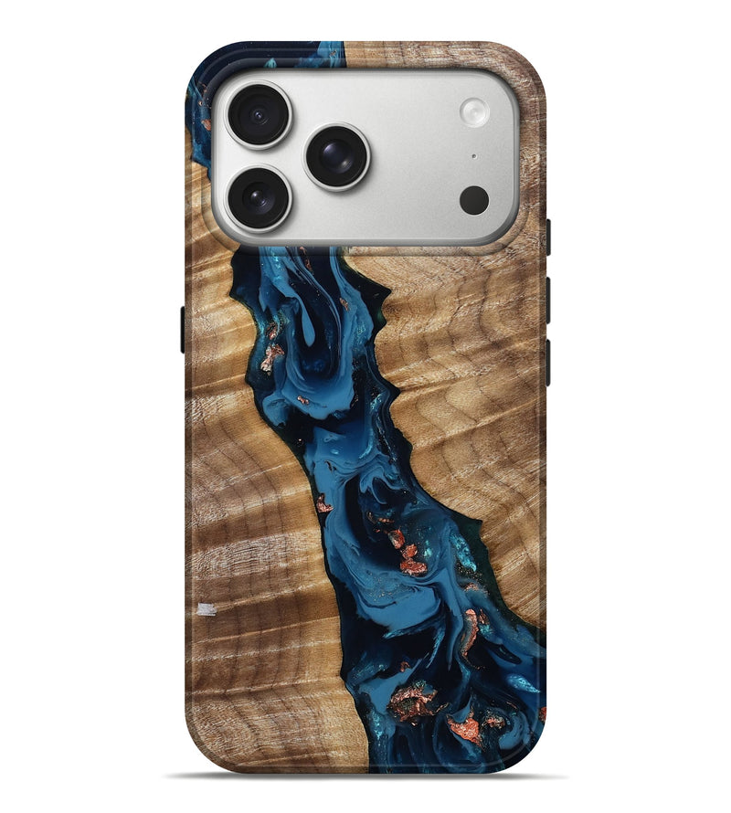 iPhone 17 Pro Max Wood Live Edge Phone Case - Lotta (Teal & Gold, 806070)