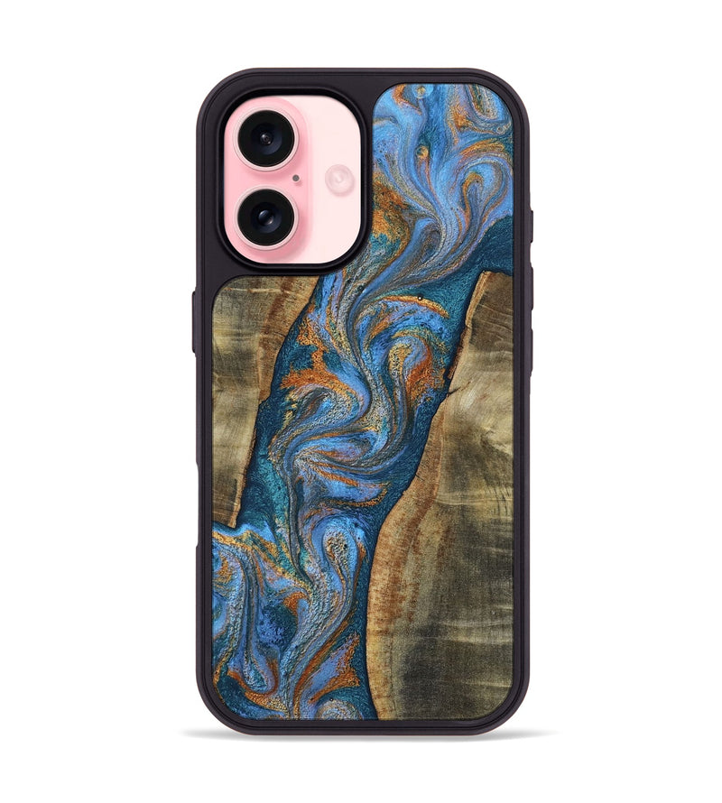 iPhone 16 Wood Phone Case - Latoya (Teal & Gold, 806412)