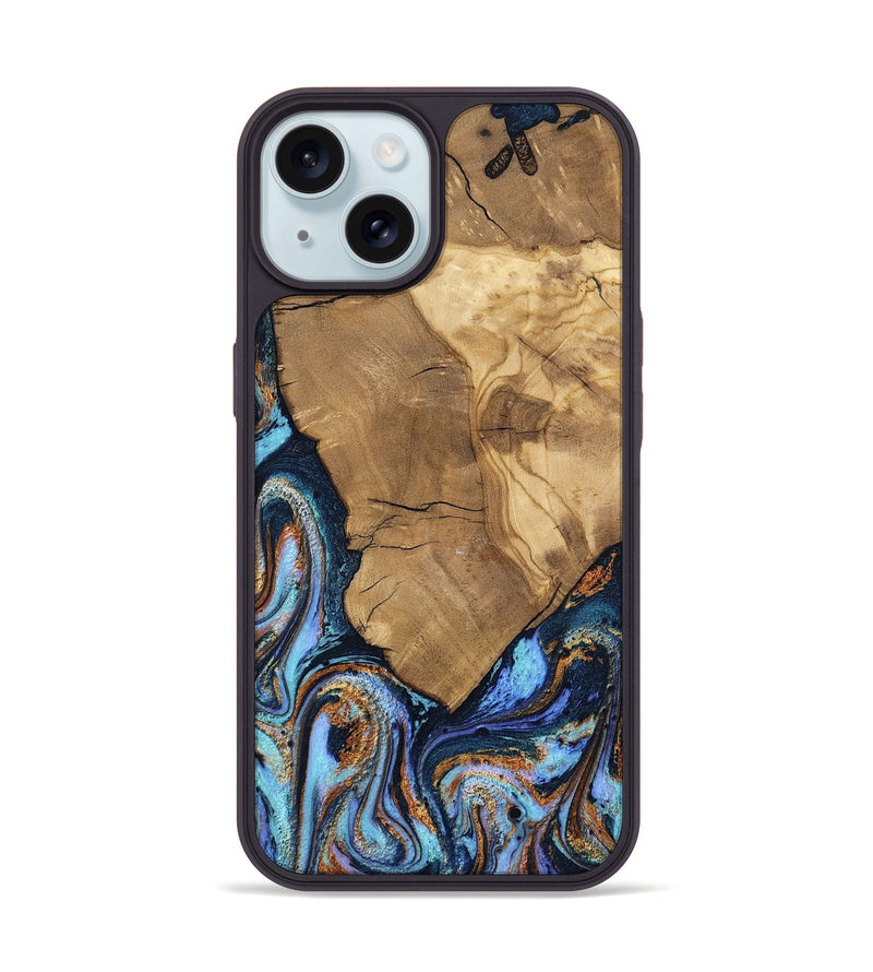 iPhone 15 Wood Phone Case - Jakayla (Teal & Gold, 806629)