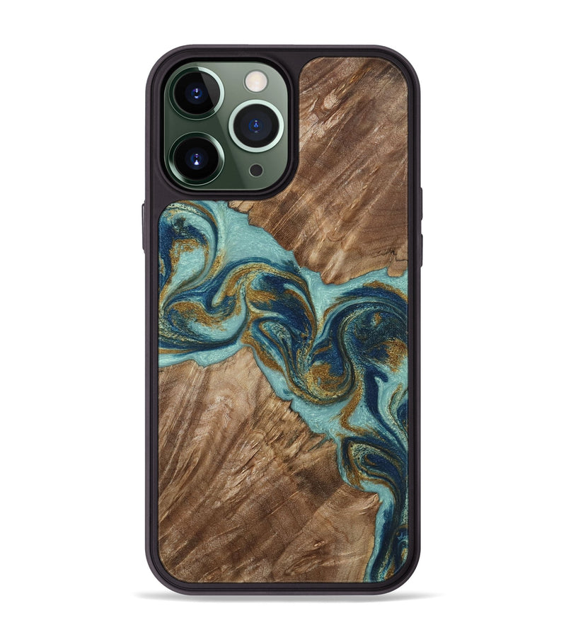 iPhone 13 Pro Max Wood Phone Case - Earline (Teal & Gold, 806633)