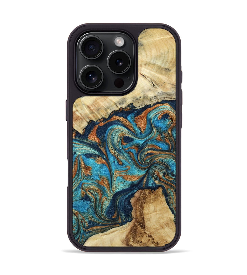 iPhone 16 Pro Wood Phone Case - Karis (Teal & Gold, 806638)