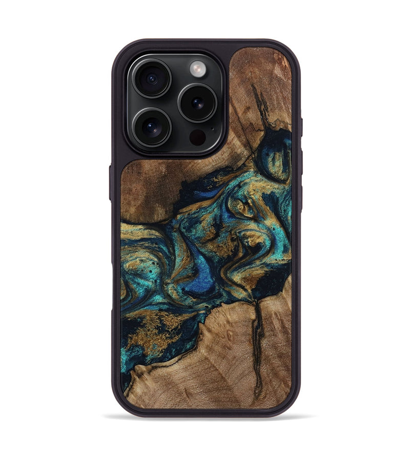 iPhone 16 Pro Wood Phone Case - Jarred (Teal & Gold, 806641)