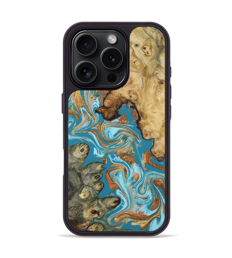 iPhone 16 Pro Wood Phone Case - Kira (Teal & Gold, 806656)