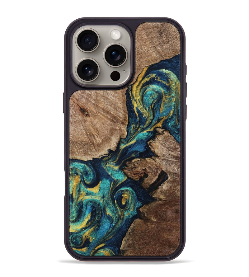 iPhone 16 Pro Max Wood Phone Case - Beryl (Teal & Gold, 807060)