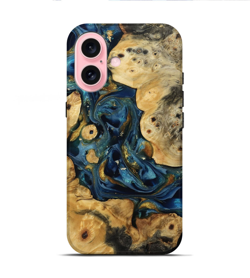 iPhone 16 Wood Live Edge Phone Case - Scarlet (Teal & Gold, 807132)
