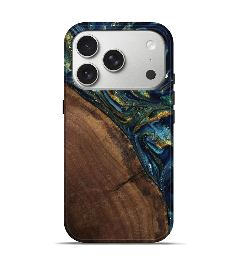 iPhone 17 Pro Wood Live Edge Phone Case - Kamora (Teal & Gold, 807144)