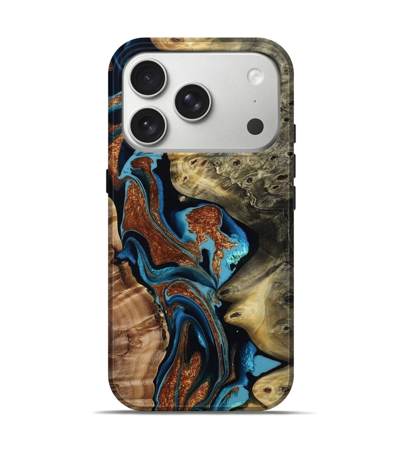 iPhone 17 Pro Wood Live Edge Phone Case - Kaylin (Teal & Gold, 807160)