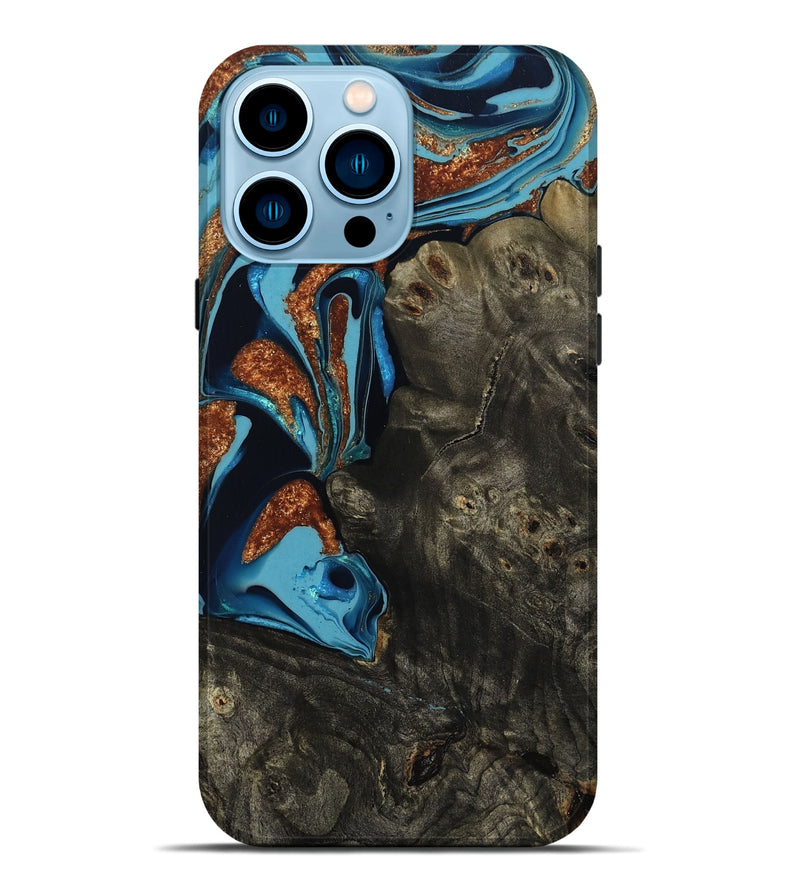 iPhone 14 Pro Max Wood Live Edge Phone Case - Kelli (Teal & Gold, 807168)