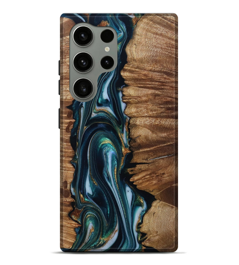 Galaxy S24 Ultra Wood Live Edge Phone Case - Atreus (Teal & Gold, 807286)