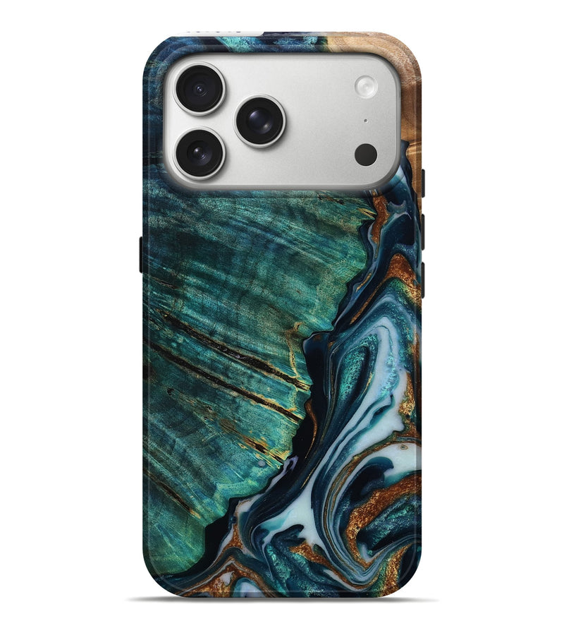 iPhone 17 Pro Max Wood Live Edge Phone Case - Dequan (Teal & Gold, 807315)