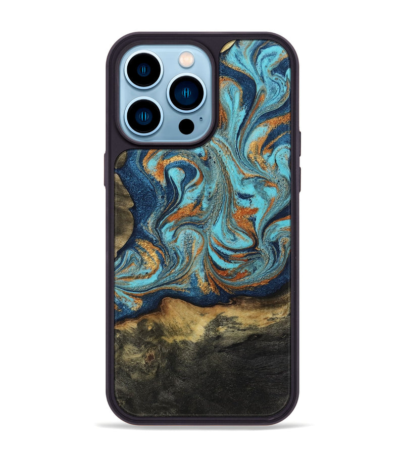 iPhone 14 Pro Max Wood Phone Case - Yesenia (Teal & Gold, 807326)