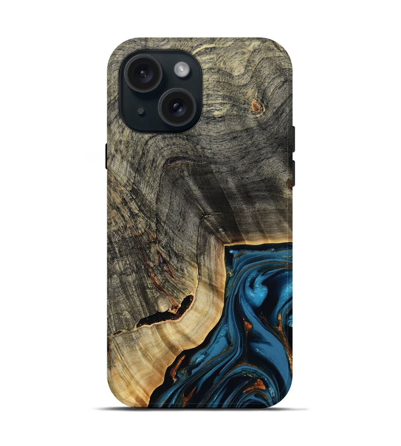 iPhone 15 Wood Live Edge Phone Case - Lonie (Teal & Gold, 807700)