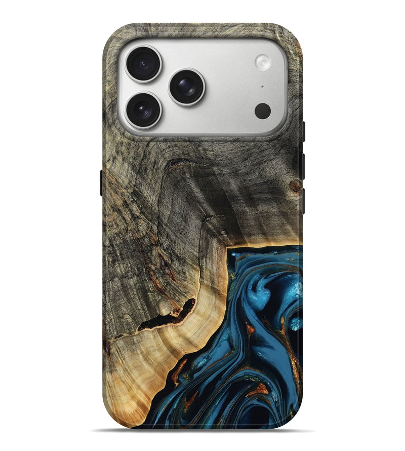 iPhone 17 Pro Max Wood Live Edge Phone Case - Lonie (Teal & Gold, 807700)