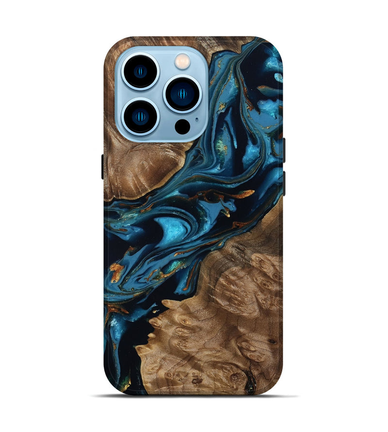 iPhone 14 Pro Wood Live Edge Phone Case - Oswaldo (Teal & Gold, 807707)