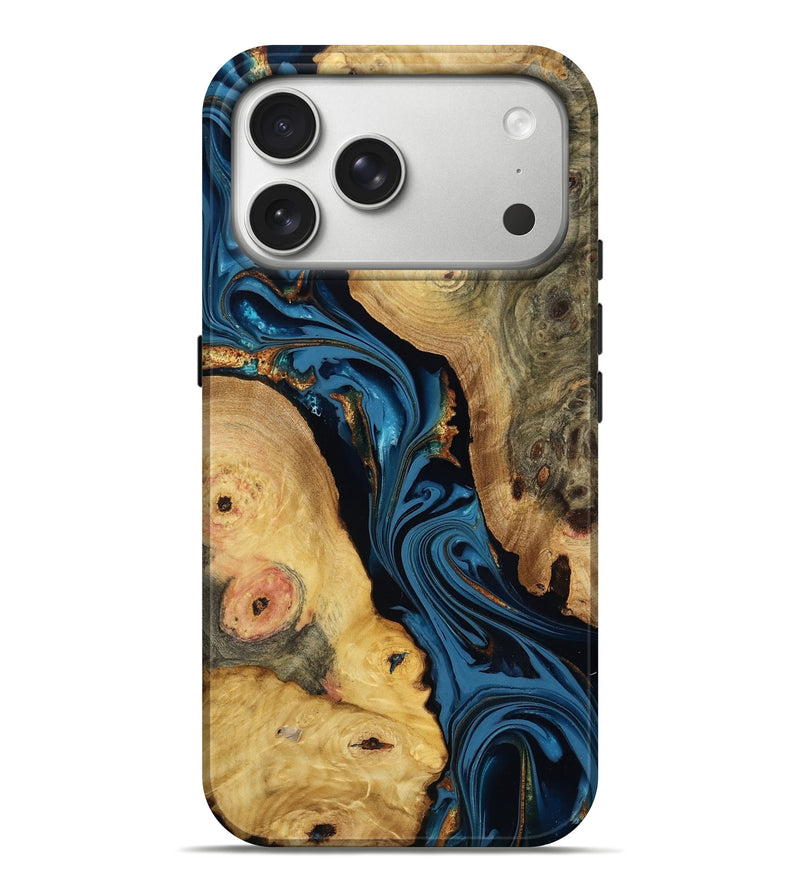 iPhone 17 Pro Max Wood Live Edge Phone Case - Loretta (Teal & Gold, 807721)