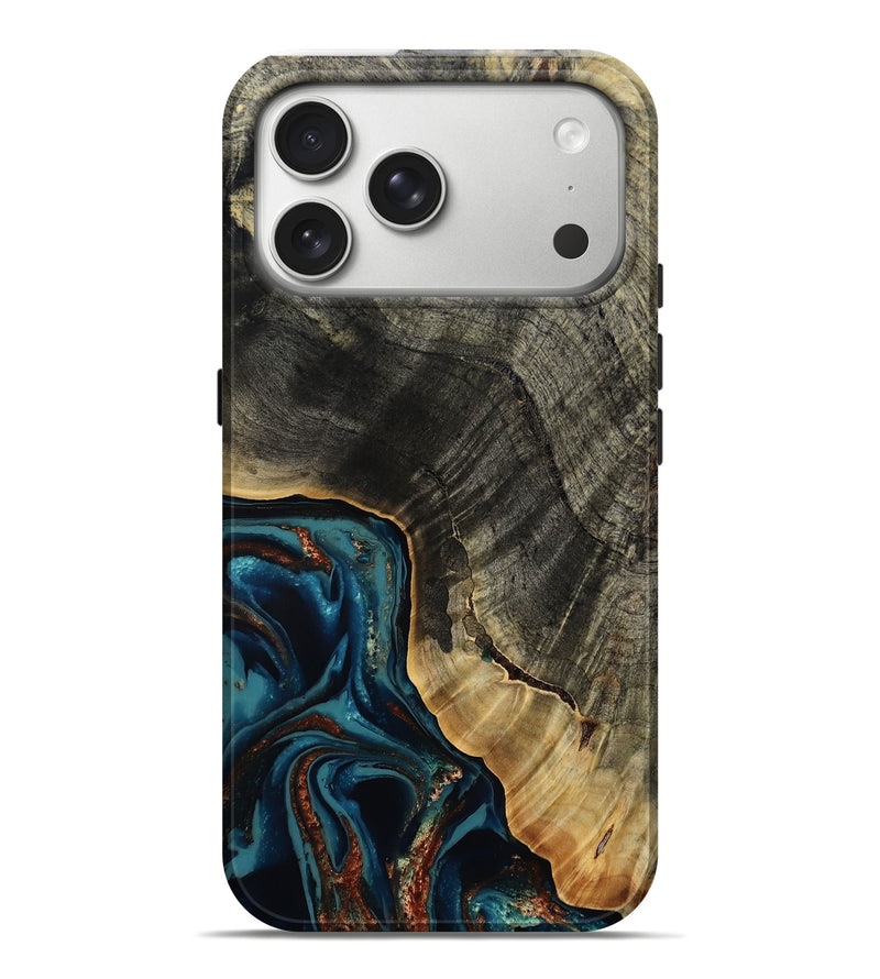 iPhone 17 Pro Max Wood Live Edge Phone Case - Mariela (Teal & Gold, 807731)