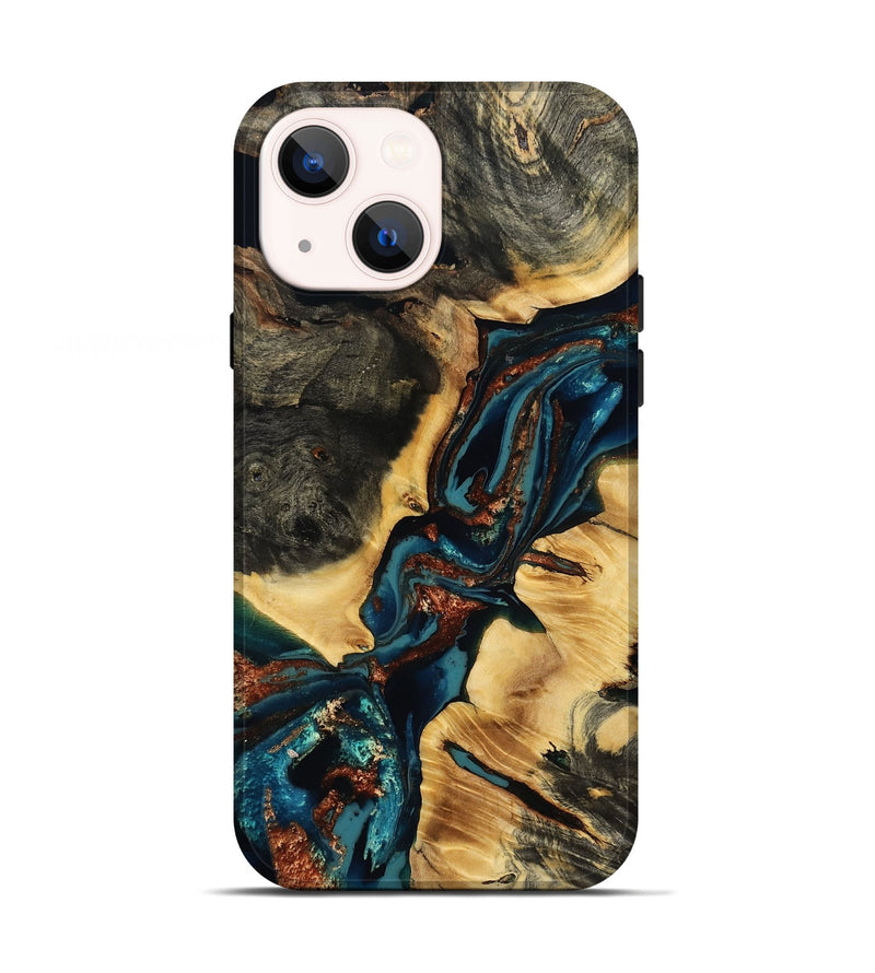 iPhone 13 Wood Live Edge Phone Case - Oral (Teal & Gold, 807733)
