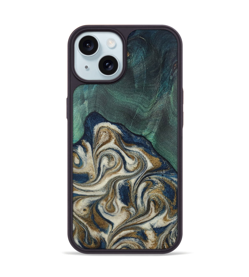 iPhone 15 Wood Phone Case - Johnson (Teal & Gold, 807863)