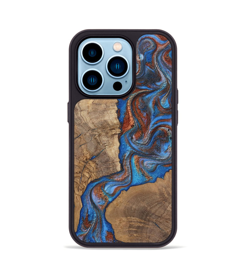 iPhone 14 Pro Wood Phone Case - Rosina (Teal & Gold, 807865)