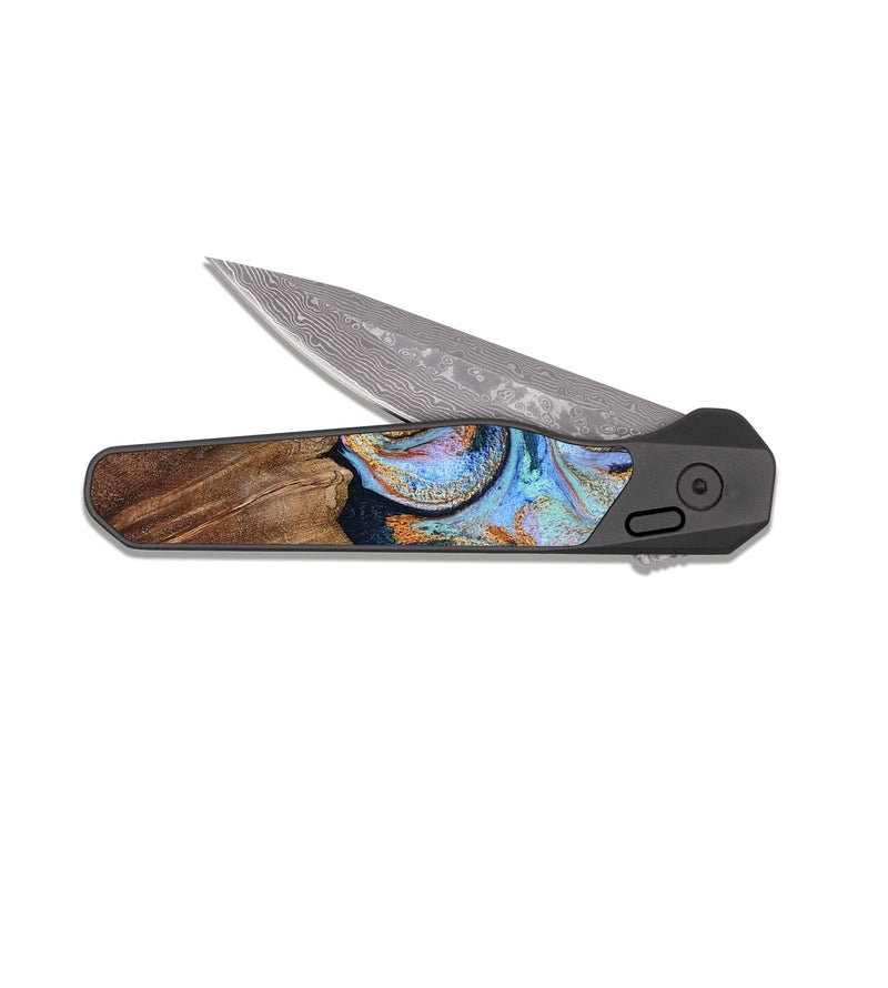 EDC Dark Damascus Wood Pocket Knife - Verdie (Teal & Gold, 807869)
