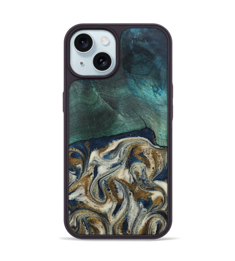 iPhone 15 Wood Phone Case - Yandel (Teal & Gold, 807872)