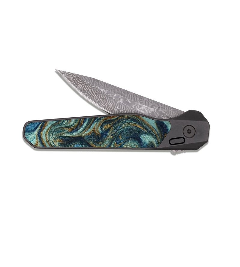 EDC Dark Damascus Wood Pocket Knife - Malani (Teal & Gold, 807965)
