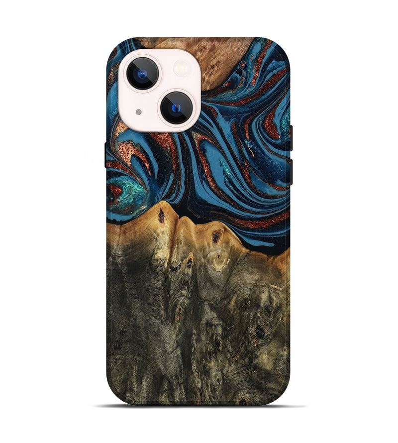 iPhone 14 Wood Live Edge Phone Case - Karin (Teal & Gold, 808007)
