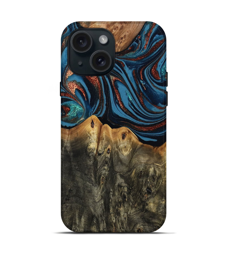 iPhone 15 Wood Live Edge Phone Case - Karin (Teal & Gold, 808007)