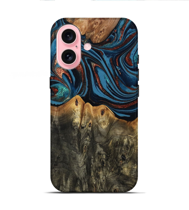 iPhone 16 Wood Live Edge Phone Case - Karin (Teal & Gold, 808007)