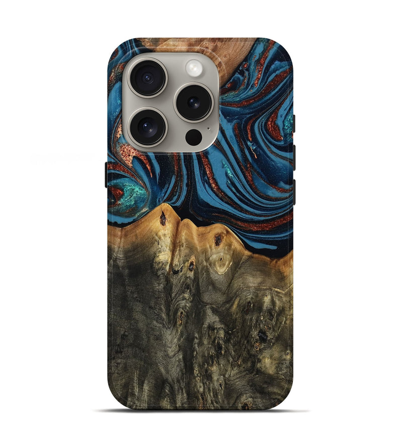 iPhone 16 Pro Wood Live Edge Phone Case - Karin (Teal & Gold, 808007)
